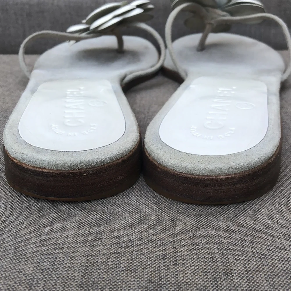 CHANEL Leather Camellia Flip Flop Sandals